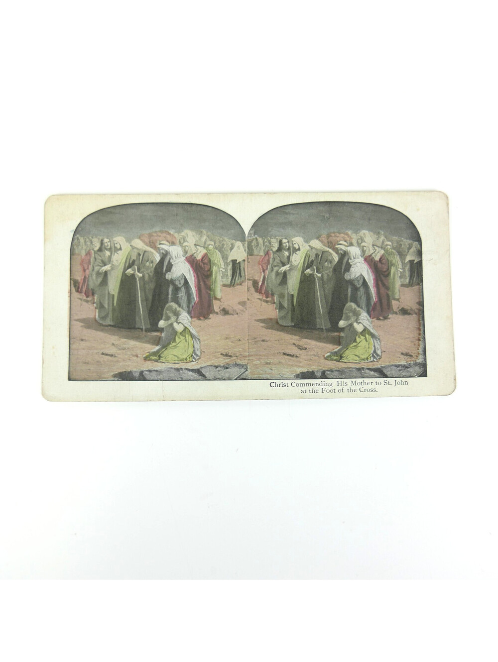 Antique Stereoview Card Jesus Christ Commending His Mother to St John Litho Art